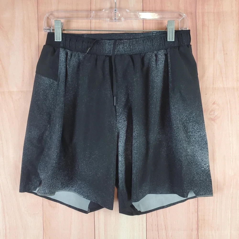 Lululemon Surge Lined Shorts Mens Small Black Tie Dye Logo Relaxed Fit Running